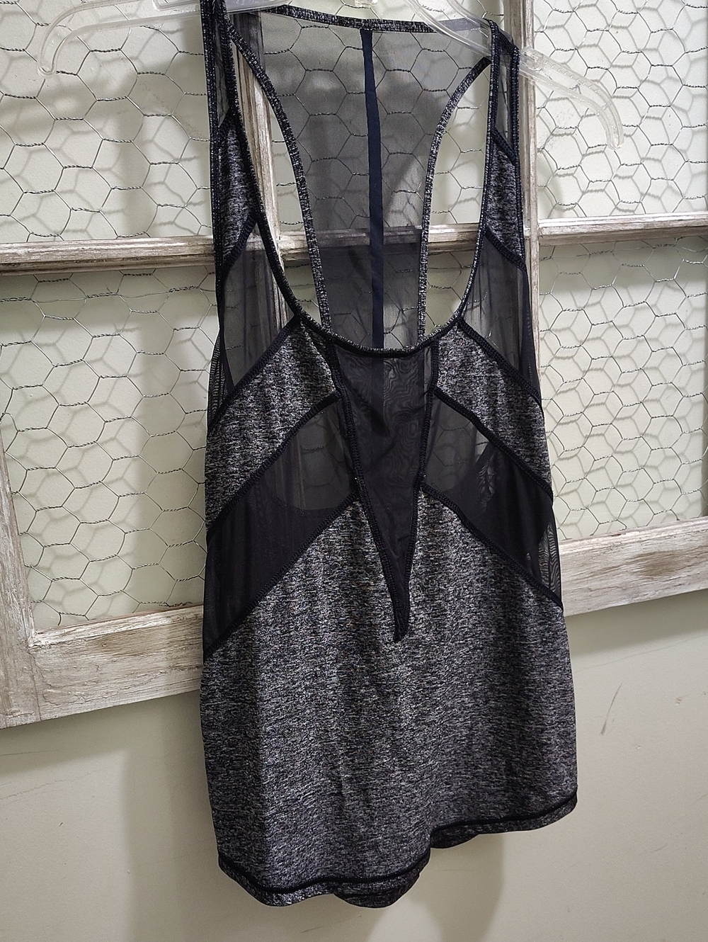 Sheer-Panel Racerback Tank Top - Black/Gray